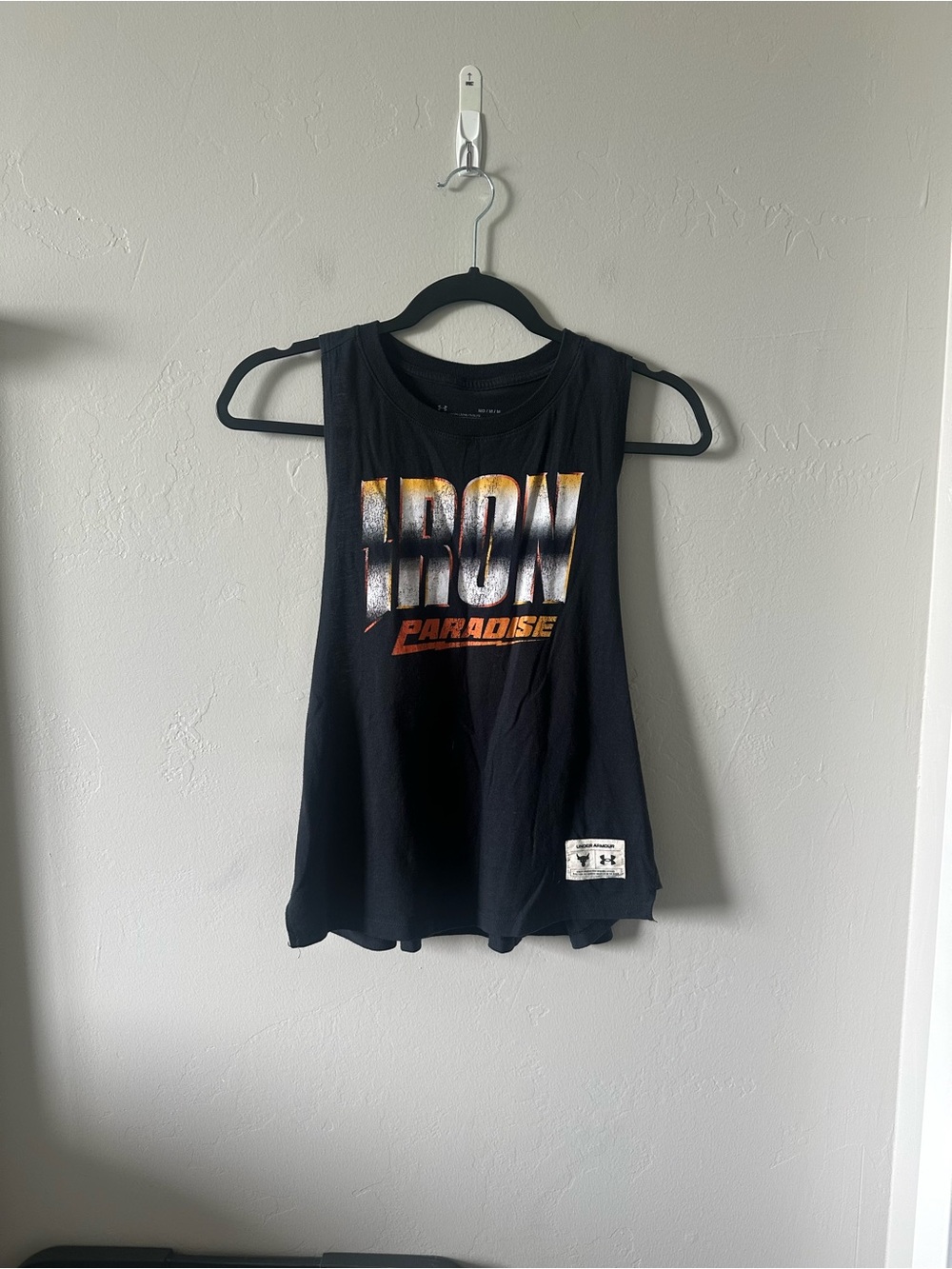 Under Armour Black Tank Top with Orange and Silver 'Iron Paradise' Graphics